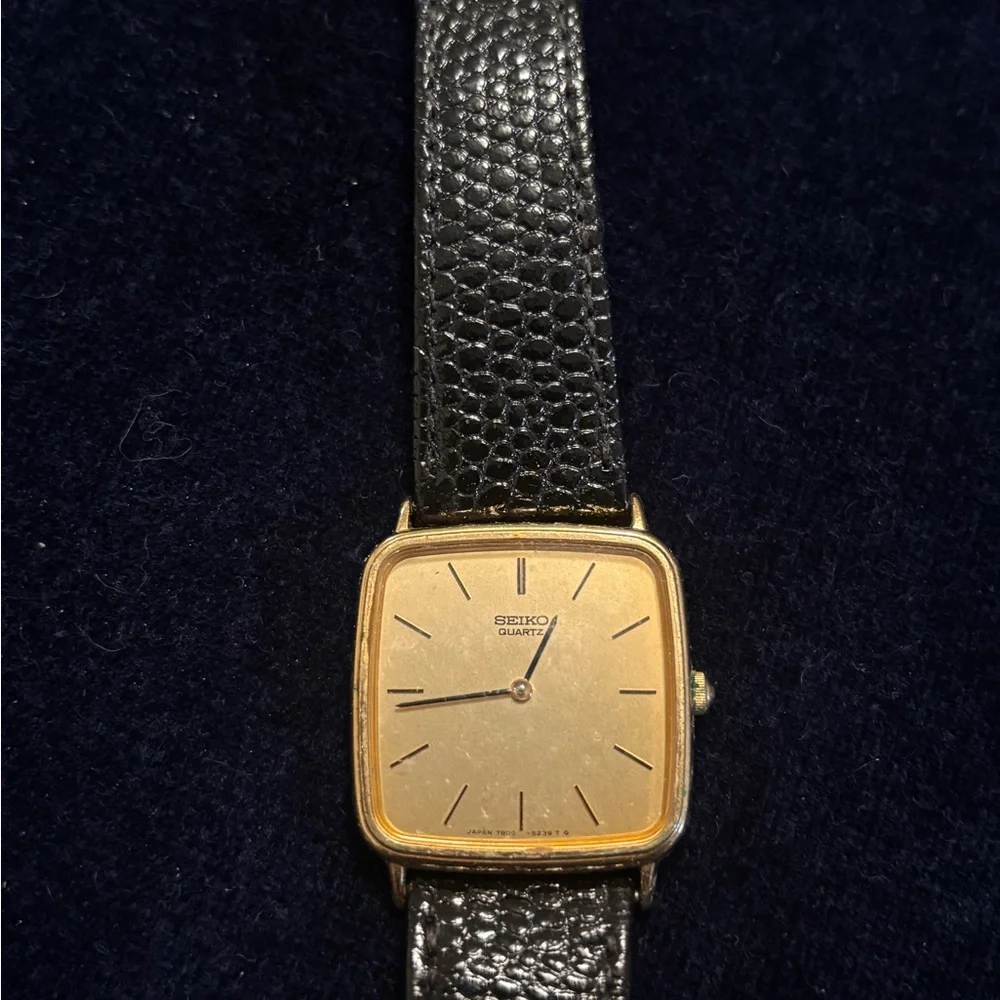 Seiko Quartz Square Gold Dress Wristwatch with Black Leather Strap